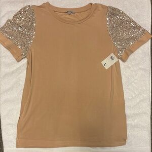 White Birch Tan Top with Sequin Sleeves